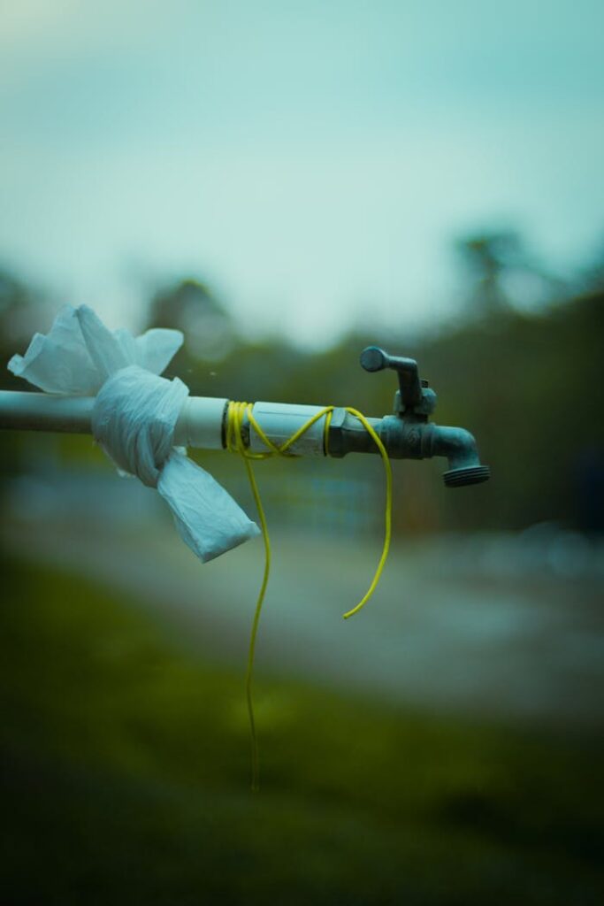 A detailed shot of an outdoor tap wrapped with plastic and tied with a yellow string.